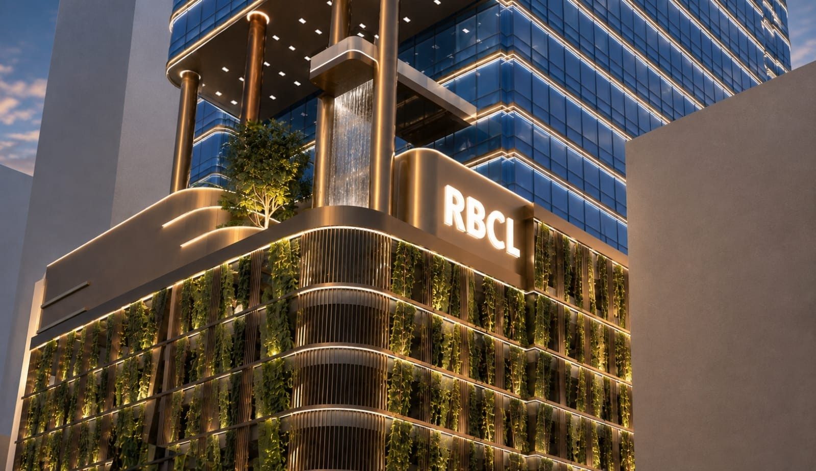 The Pegasus podium — living green facade, bronze fins and a cascading water wall.
